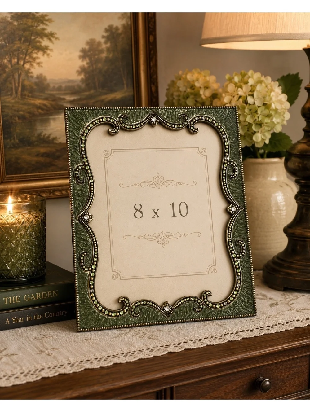 Vintage Jeweled 8x10 Picture Frame Green Ornate Resin Rhinestone Easel